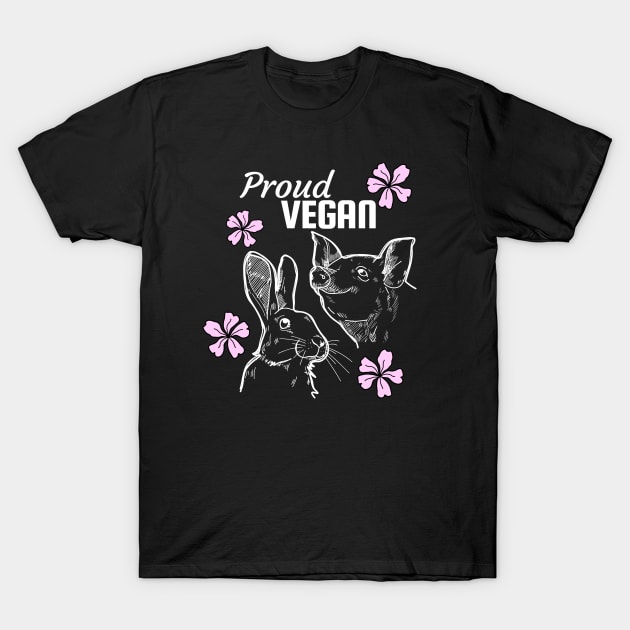 Proud vegan design featuring pig, rabbit and pink flowers T-Shirt by Purrfect